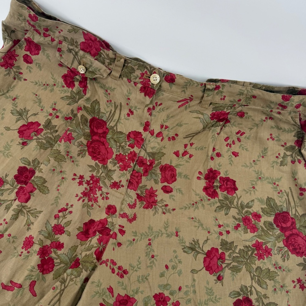 Lauren Ralph Lauren Shorts Women 20W Tan Red Floral 100% Linen Pleated High Rise